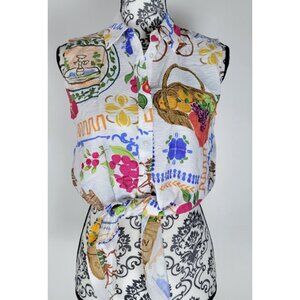 Rachel Zoe Printed Sleeveless Blouse XS Button Up Tie Waist Multicolor